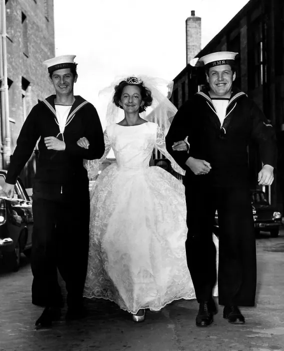 Framed Print : James Ellis actor and Colin Welland actor as Sailors walk with bride July 1964