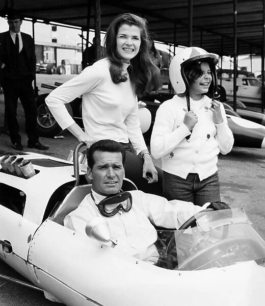 James Garner on set of film Grand Prix 1966 with co star Jessica Walter