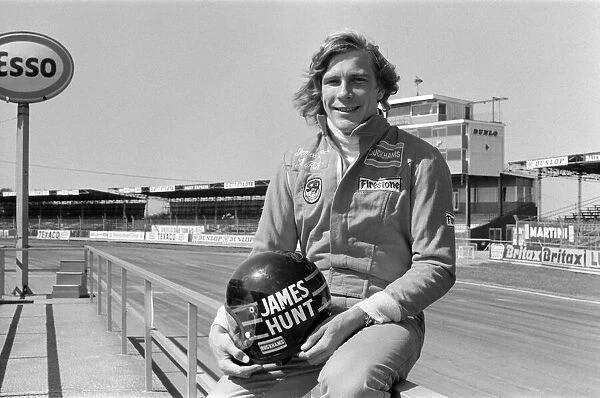 James Hunt, (British racing driver) poses for camera before he tests his Hesketh car at