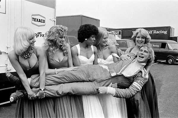 James Hunt pictured today at Brands Hatch. Five lovely girls visited