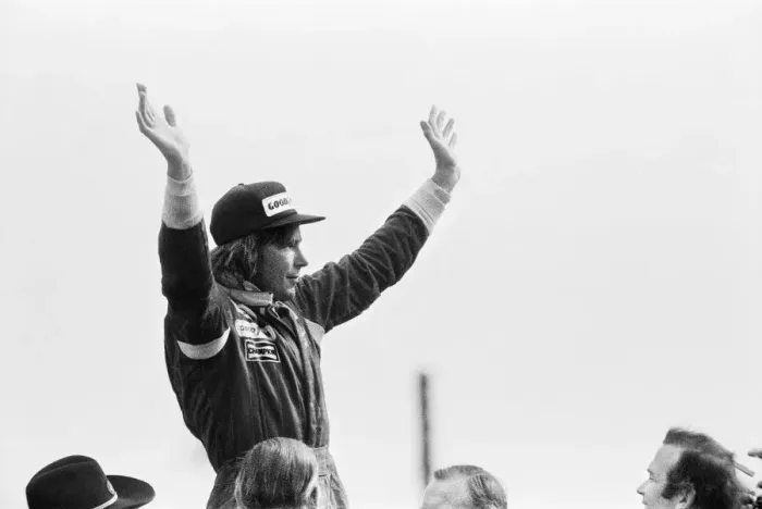 Framed Print : James Hunt on the podium celebrates winning The 1977 British Grand Prix Formula One Framed Print : James Hunt on the podium celebrates winning The 1977 British Grand Prix Formula One