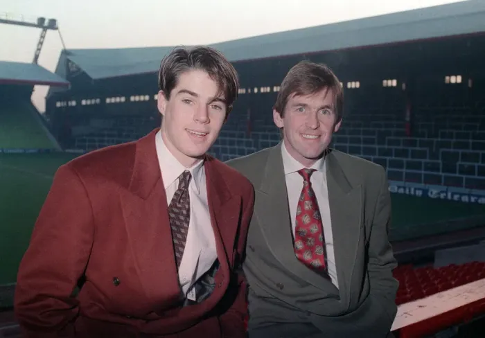 Framed Print : Jamie Redknapp with Liverpool manager Kenny Dalglish at Anfield Stadium after signing for Framed Print : Jamie Redknapp with Liverpool manager Kenny Dalglish at Anfield Stadium after signing for