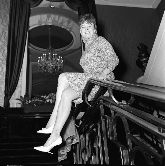 Framed Print : Janet Munro actress sitting on banisters at a rehearsal for the Royal Film Performance Framed Print : Janet Munro actress sitting on banisters at a rehearsal for the Royal Film Performance