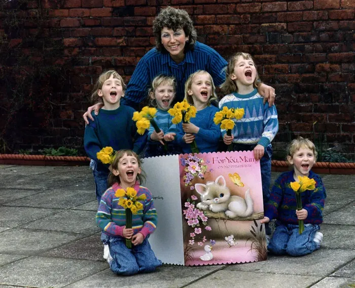 Framed Print : Janet Walton with her sextuplets at their home in Wallasey Wirral DBase