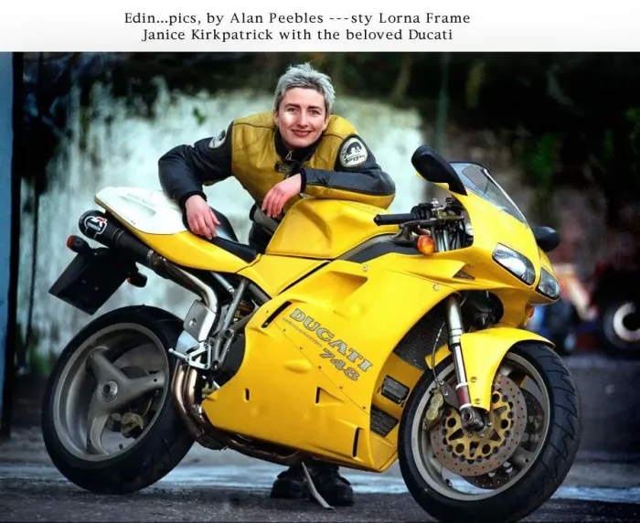Framed Print : Janice Kirkpatrick top designer with her yellow Ducati 748 motorcycle Framed Print : Janice Kirkpatrick top designer with her yellow Ducati 748 motorcycle