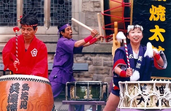 Japanese band Tajimi Mino-Yaki Daiko perform in Durham Market Place on May 22, 1997