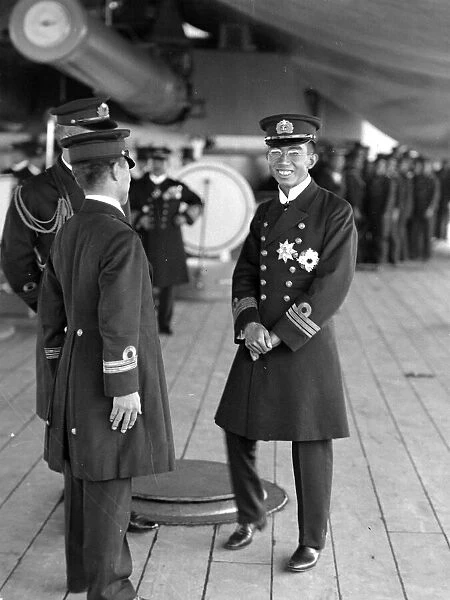 Japanese Crown Prince Hirohito pictured on board the warship Kotosi at Spithead during
