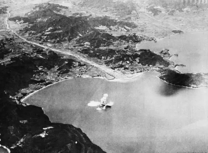 Framed Print : Japanese escort carrier hit bombed by a British Pacific Fleet task force near Takamatsu Framed Print : Japanese escort carrier hit bombed by a British Pacific Fleet task force near Takamatsu