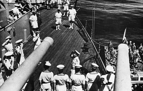 A Japanese Naval envoy comes aboard the HMS Nelson for preliminary surrender talks