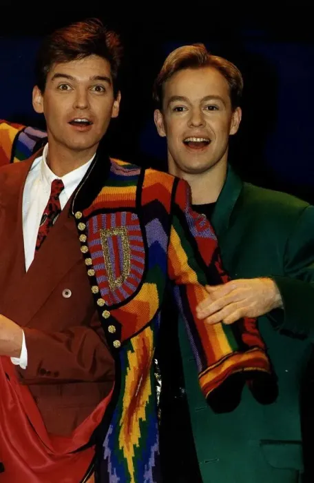 Framed Print : Jason Donovan Actor hands over his Technicolour Deamcoat to replacement Phillip Schofield