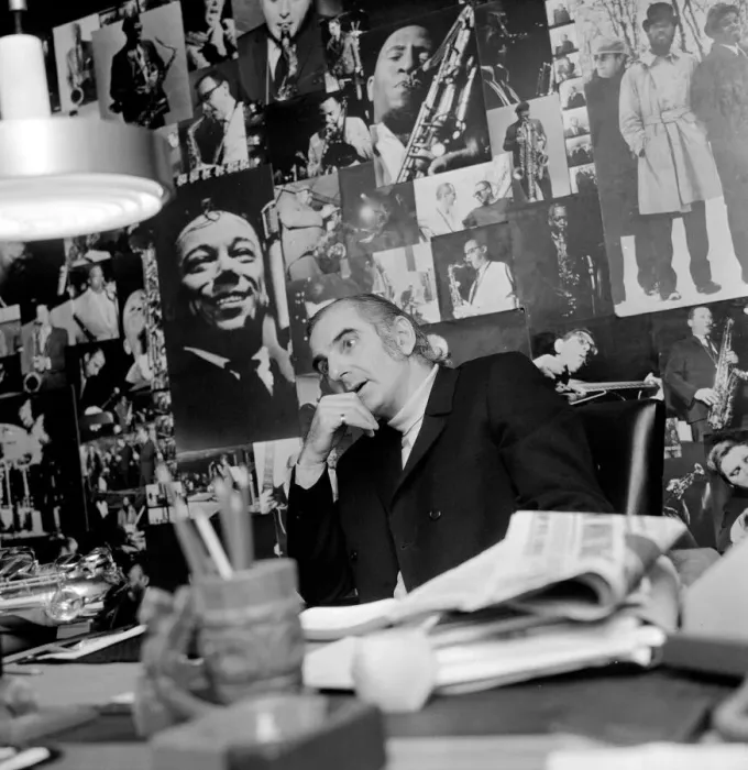 Framed Print : Jazz performer and legendary club owner Ronnie Scott in his office in London Framed Print : Jazz performer and legendary club owner Ronnie Scott in his office in London