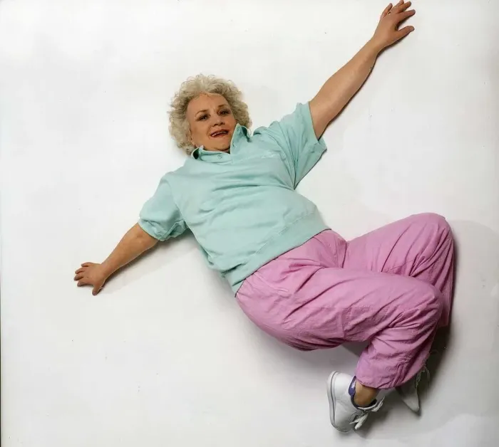 Framed Print : Jean Boht Actress Studio shot doing Keep Fit exercise