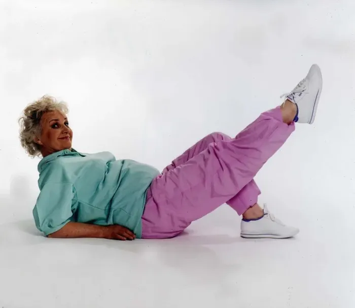Framed Print : Jean Boht Actress Studio shot doing Keep Fit exercise Framed Print : Jean Boht Actress Studio shot doing Keep Fit exercise