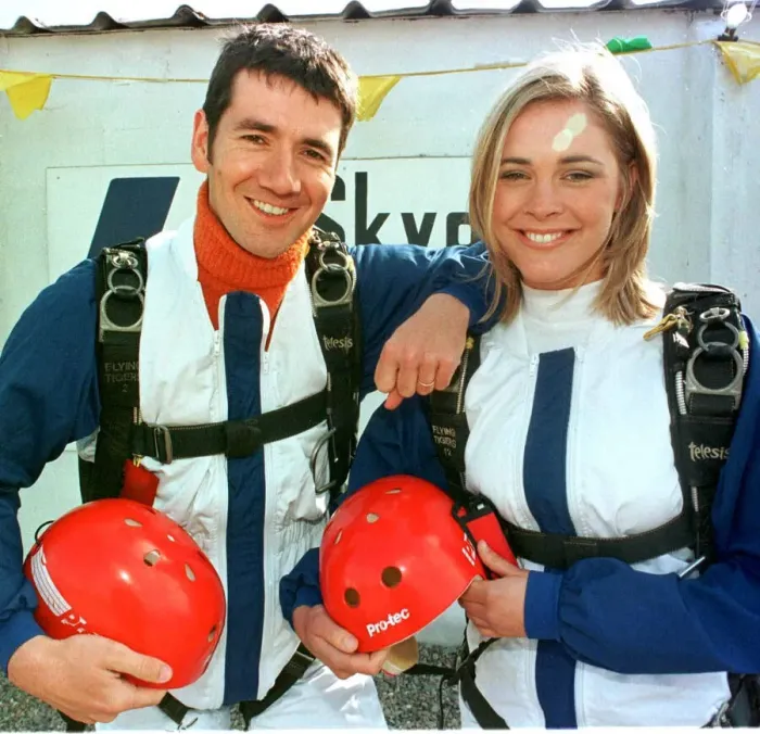 Framed Print : Jenni Falconer and Dougie Vipond parachuting - parachute jump Presenters of Framed Print : Jenni Falconer and Dougie Vipond parachuting - parachute jump Presenters of
