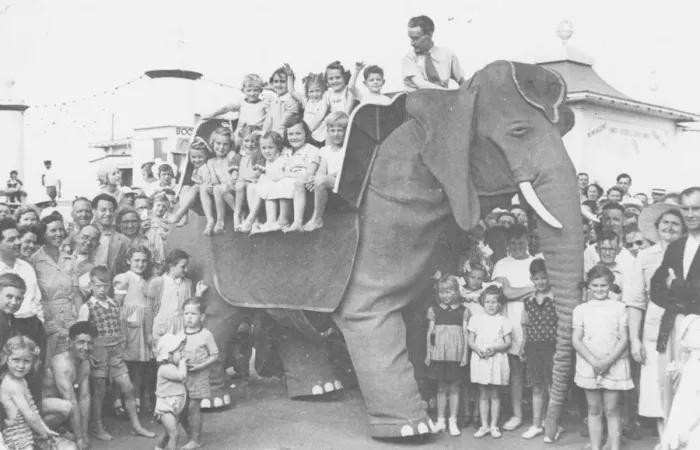 Framed Print : Jenny 1, the mechanical elephant on Paignton seafront in July 1957 Framed Print : Jenny 1, the mechanical elephant on Paignton seafront in July 1957
