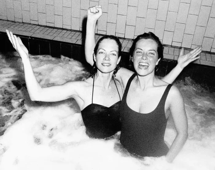 Framed Print : Jenny Seagrove Actress with Greta Scaatchi in jacuzzi celebrating 100 Lengths each Framed Print : Jenny Seagrove Actress with Greta Scaatchi in jacuzzi celebrating 100 Lengths each