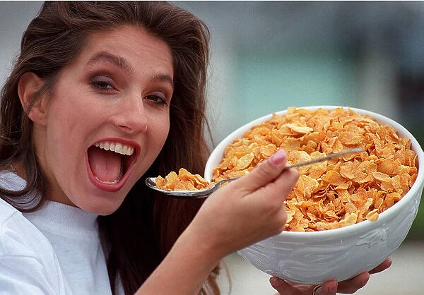 Jet from the tv programme Gladiators eating a bowl of cornflakes