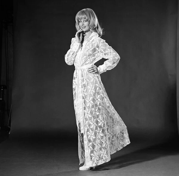 Jilly Johnson, model wearing lacy dress coat, Studio Pix, 18th March 1974