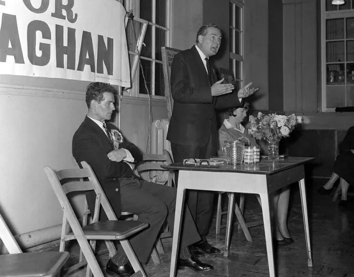 Framed Print : Jim Callaghan MP on the Campaign trail for ther 1964 General Election talks at a meeting Framed Print : Jim Callaghan MP on the Campaign trail for ther 1964 General Election talks at a meeting