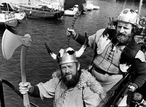 Jim Nicholson (left) and Magnus Simpson, dressed in Viking costume arriving at Blyth