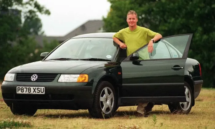 Framed Print : Jim White - TV Presenter with Volkswagen Passat Car July 1997 Framed Print : Jim White - TV Presenter with Volkswagen Passat Car July 1997