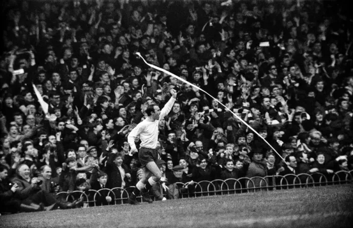 Framed Print : Jimmy Greaves celebrates after scoring a goal for Tottenham Hotspur only for it to be Framed Print : Jimmy Greaves celebrates after scoring a goal for Tottenham Hotspur only for it to be