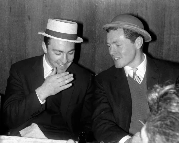 Framed Print : Jimmy Greaves (left) and Les Allen of Tottenham Hostpur at a Christmas party