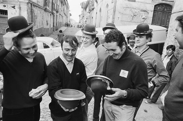 Jimmy Greaves seen here having fun with bola hats at the World Cup Rally during