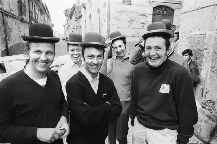 Framed Print : Jimmy Greaves seen here having fun with bola hats at the World Cup Rally during