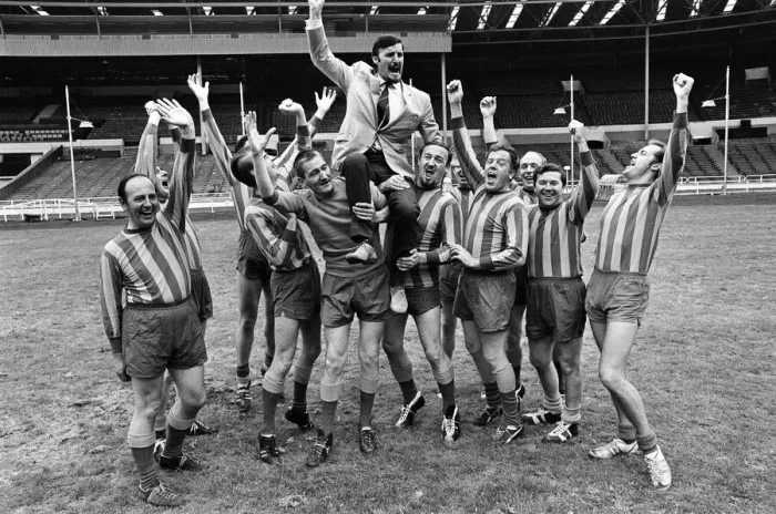 Framed Print : Jimmy Hill pictured being lifted up by a football team. Television presenter Dickie Framed Print : Jimmy Hill pictured being lifted up by a football team. Television presenter Dickie