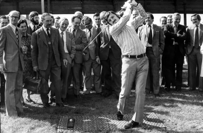 Framed Print : Jimmy Hill swings into action to open the golf driving range at Packington Park Framed Print : Jimmy Hill swings into action to open the golf driving range at Packington Park