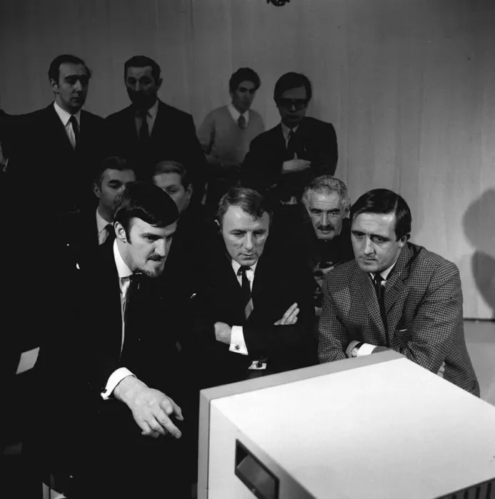 Framed Print : Jimmy Hill, Tommy Docherty and Derek Healey watching the football match between QPR Framed Print : Jimmy Hill, Tommy Docherty and Derek Healey watching the football match between QPR