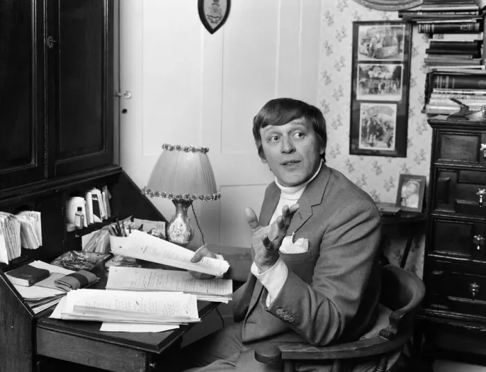 Framed Print : Jimmy Perry, Scriptwriter, pictured working on Dads Army scripts, at home in Westminster