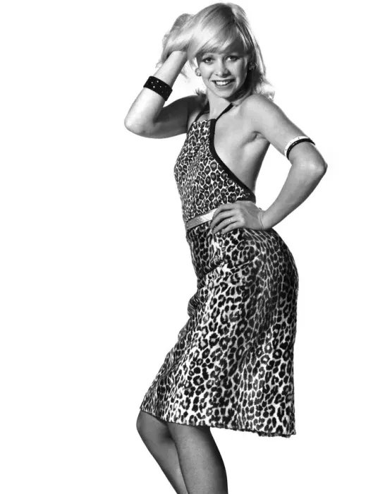 Framed Print : Jo Howard modelling halter neck animal print dress. November 1973 P008458