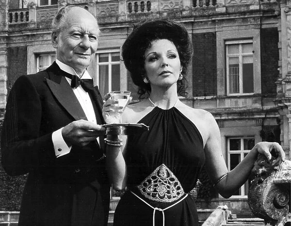 Joan Collins and John Gielgud during filming at country house - April 1979