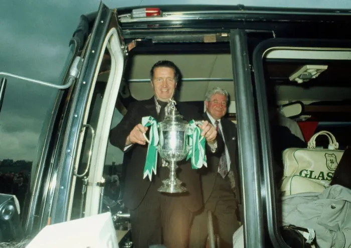 Framed Print : Jock Stein leaves bus with Scottish Cup trophy May 1974 Framed Print : Jock Stein leaves bus with Scottish Cup trophy May 1974