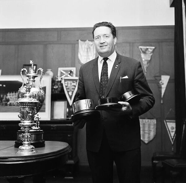 Jock Stein, Manager Celtic Football Club, pictured with trophies, June 1967