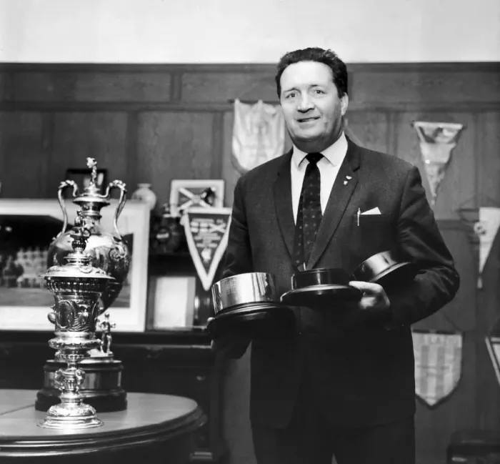Framed Print : Jock Stein proudly shows off his Celtic trophy cabinet. March 1972