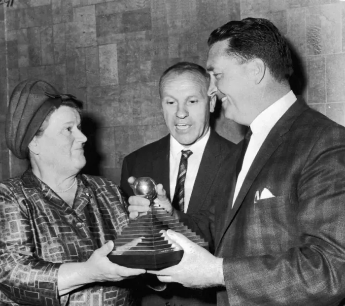 Framed Print : Jock Stein receives a trophy from Mrs Bessie Braddock for the manager of the year award Framed Print : Jock Stein receives a trophy from Mrs Bessie Braddock for the manager of the year award