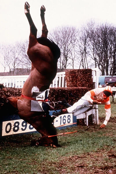 Jockey Andrew Hickman takes a spectacular fall at the last fence at Folkstone