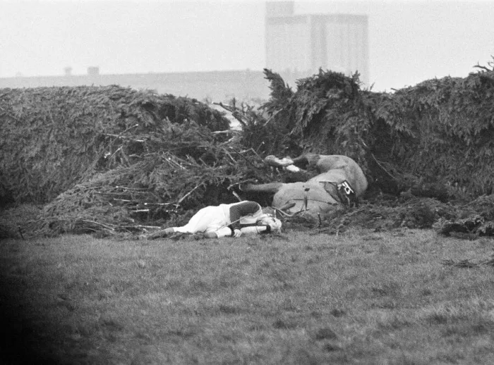 Framed Print : Jockey Paddy Farrell is thrown from his horse Border Flight at the 15th fence of Framed Print : Jockey Paddy Farrell is thrown from his horse Border Flight at the 15th fence of