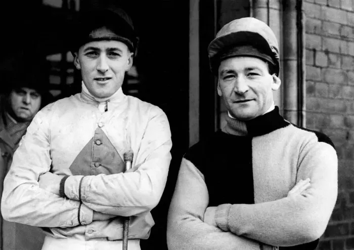 Framed Print : Jockeys at Manchester Races. A. J. East (left) and Fred Winter (right) Framed Print : Jockeys at Manchester Races. A. J. East (left) and Fred Winter (right)