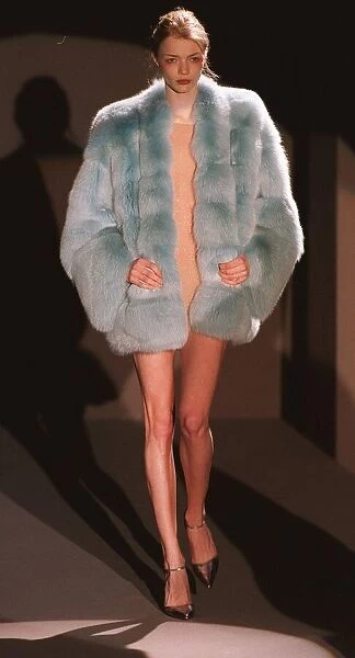 Jodie Kidd wearing a light blue fur coat designed by Gucci in Milan