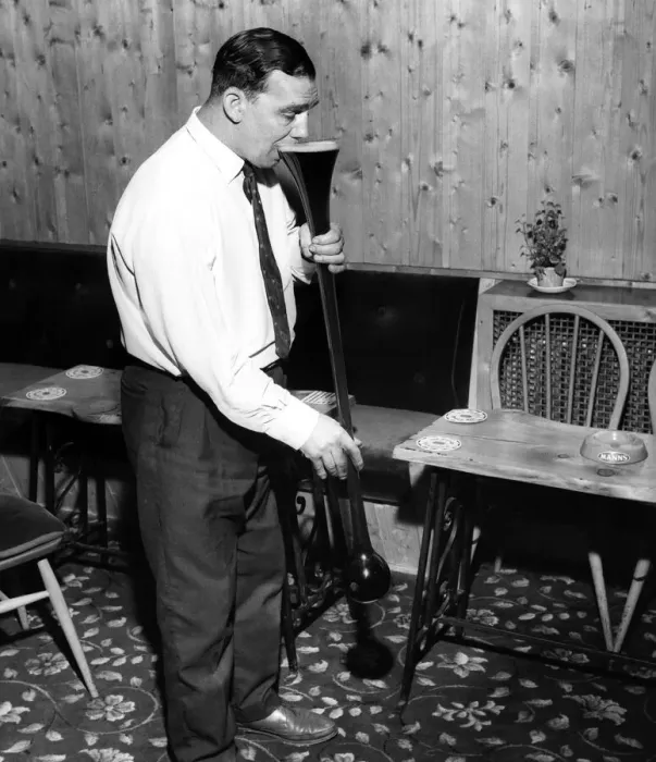 Framed Print : Joe Goodluck starts on a yard of ale at his local pub October 1964 Framed Print : Joe Goodluck starts on a yard of ale at his local pub October 1964