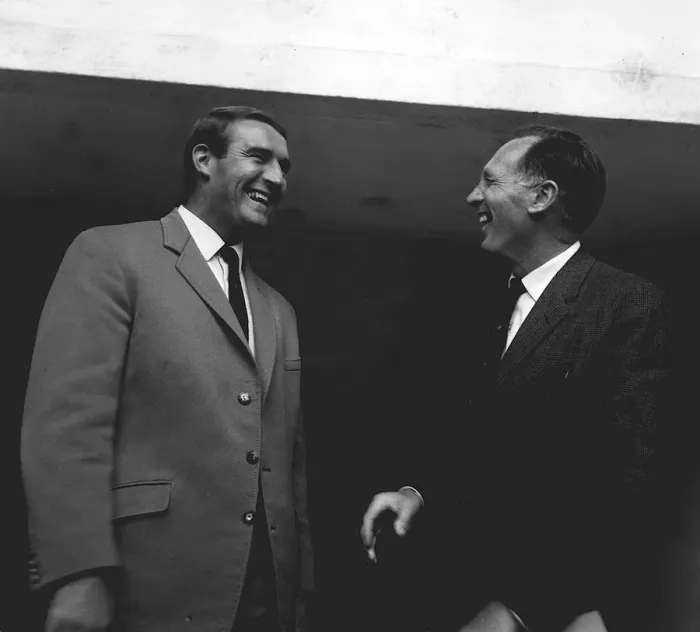 Framed Print : Joe Mercer manager of Manchester City shares a joke with his new assistant manager Framed Print : Joe Mercer manager of Manchester City shares a joke with his new assistant manager