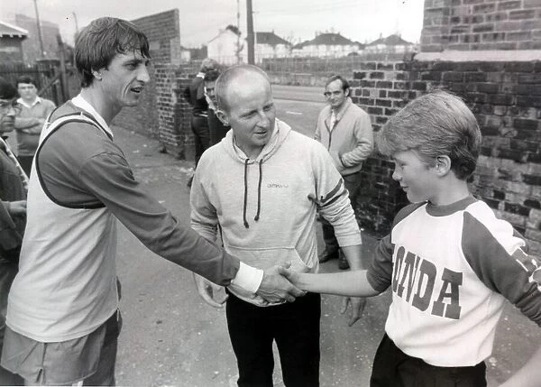 Johann Cruyff with Jimmy Johnstone (centre) and James Johnstone junior circa 1982