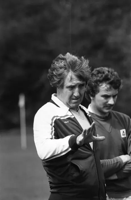 Framed Print : John Bond, Manchester City Football Manager, conducts training session, May 1981 Framed Print : John Bond, Manchester City Football Manager, conducts training session, May 1981