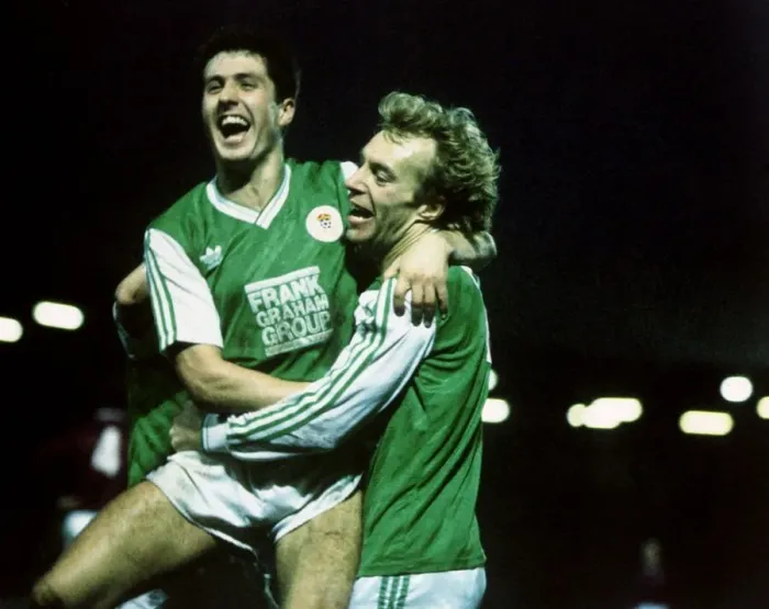 Framed Print : John Collins & Steve Archibald celebrate goal August 1989