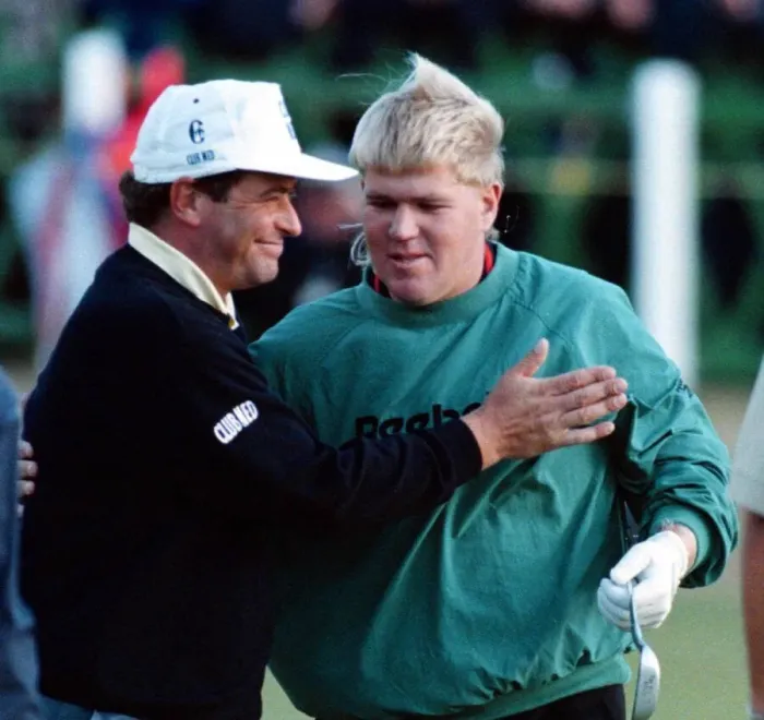 Framed Print : John Daly is congratulated by Constantino Rocca after his victory in the play offs for