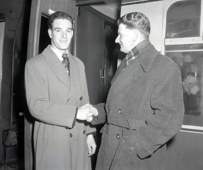 Framed Print : John Edward Lever (Right) at Euston Station en route to Bolton shaking hands with unnamed Framed Print : John Edward Lever (Right) at Euston Station en route to Bolton shaking hands with unnamed